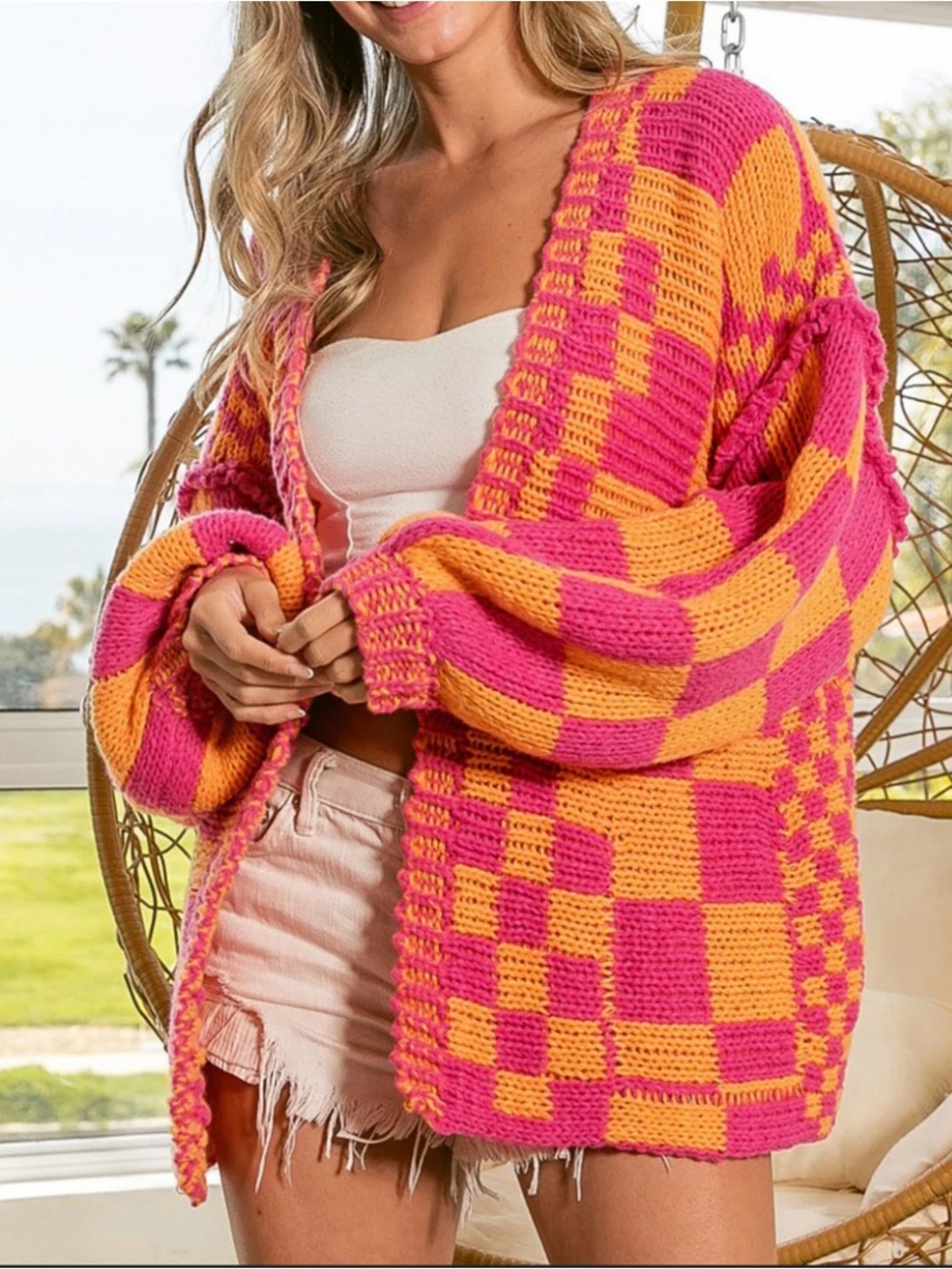 MainStrip Hot Pink & Bright Orange Checker Knit Cardigan (SKU895)